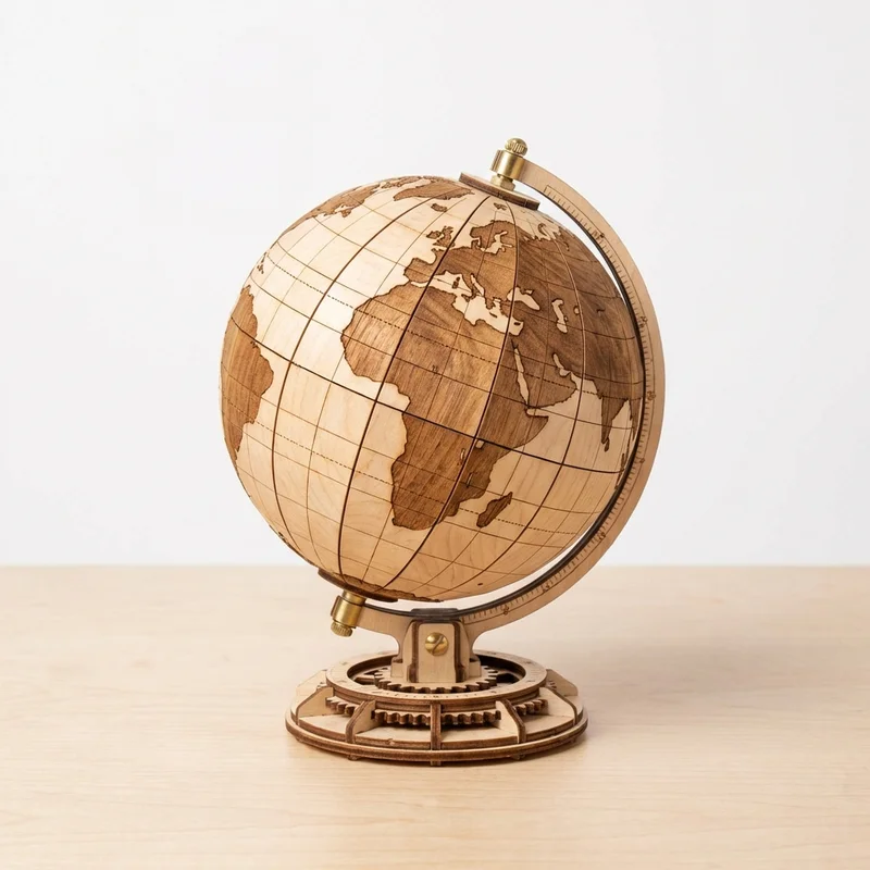 3D Wooden Globe Puzzle — Rotating Earth Model in Maple - 1