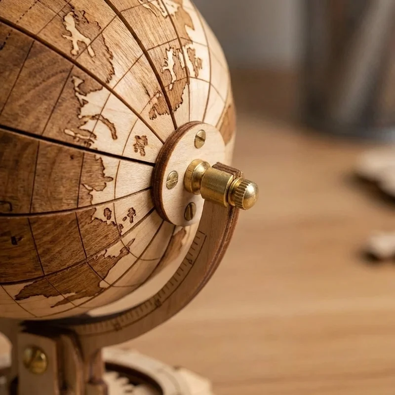 3D Wooden Globe Puzzle — Rotating Earth Model in Maple - 3