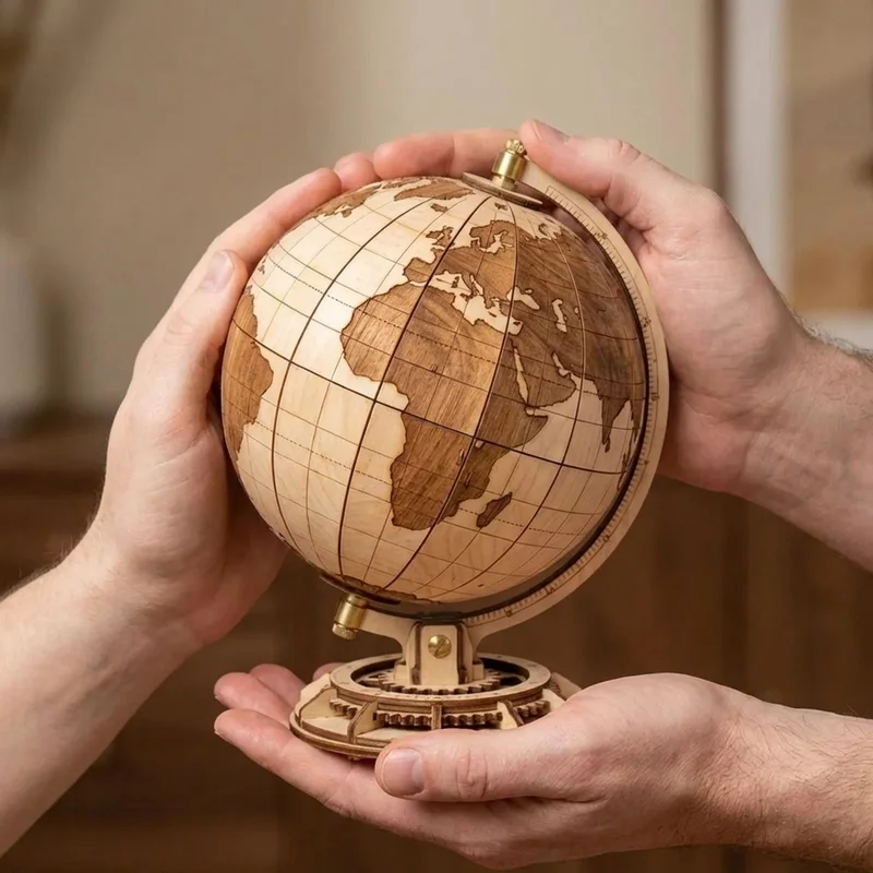 3D Wooden Globe Puzzle — Rotating Earth Model in Maple - 4