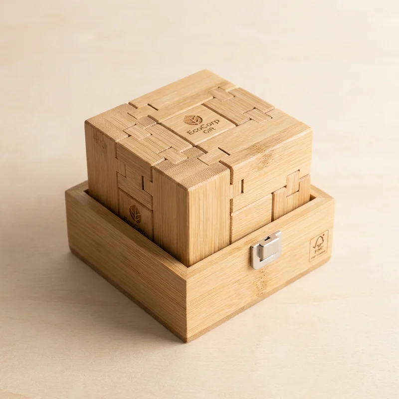 Branded Bamboo Puzzle Cube Set — Medium Eco Corporate Gift - 1