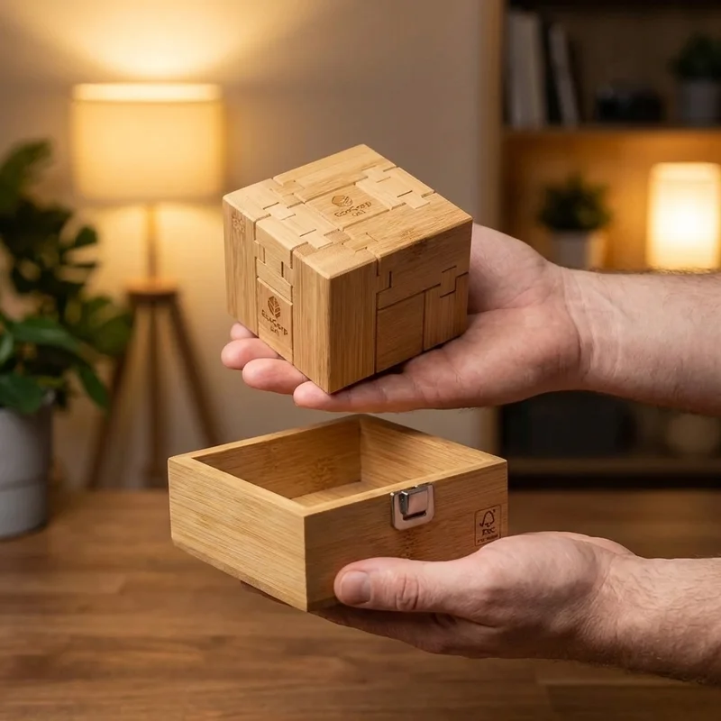 Branded Bamboo Puzzle Cube Set — Medium Eco Corporate Gift - 4
