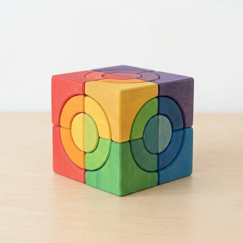 Rainbow Wooden Cube Puzzle — Easy Colorful Stacking Challenge - 1