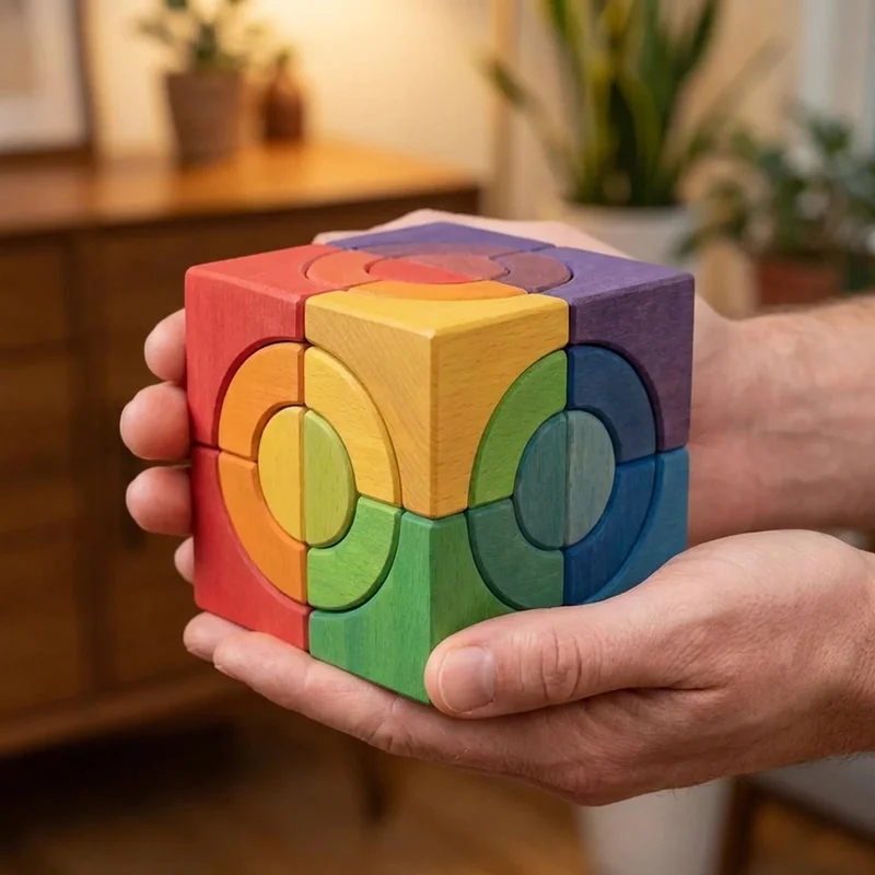 Rainbow Wooden Cube Puzzle — Easy Colorful Stacking Challenge - 4