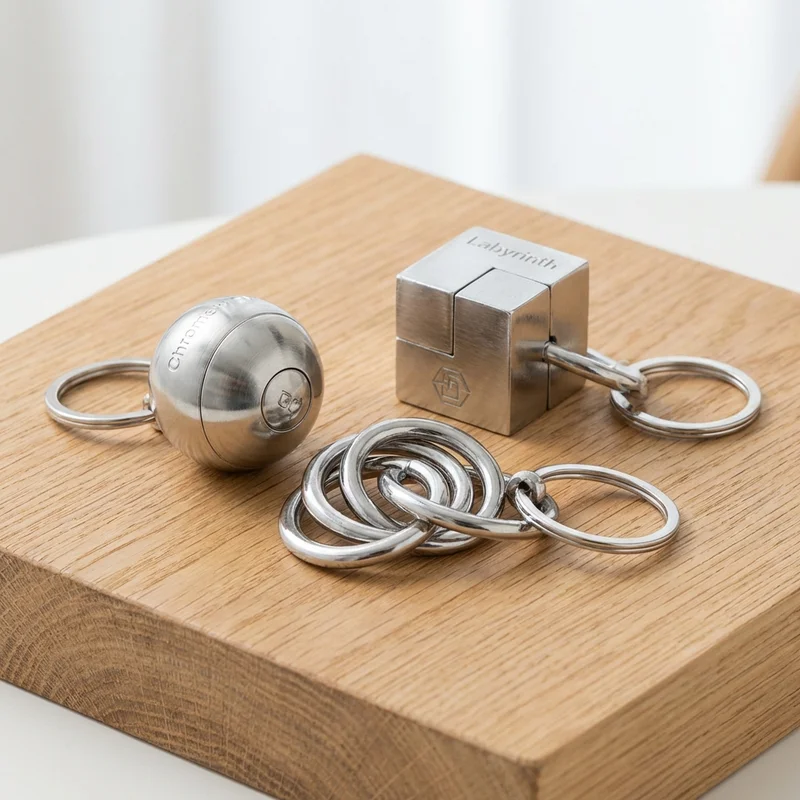 Chrome Labyrinth Keychain Set — Easy Portable Corporate Puzzles - 1