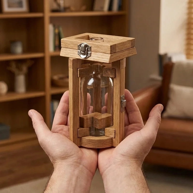 Oak Bottle Puzzle — Medium Wooden Cage Gift for Him - 4