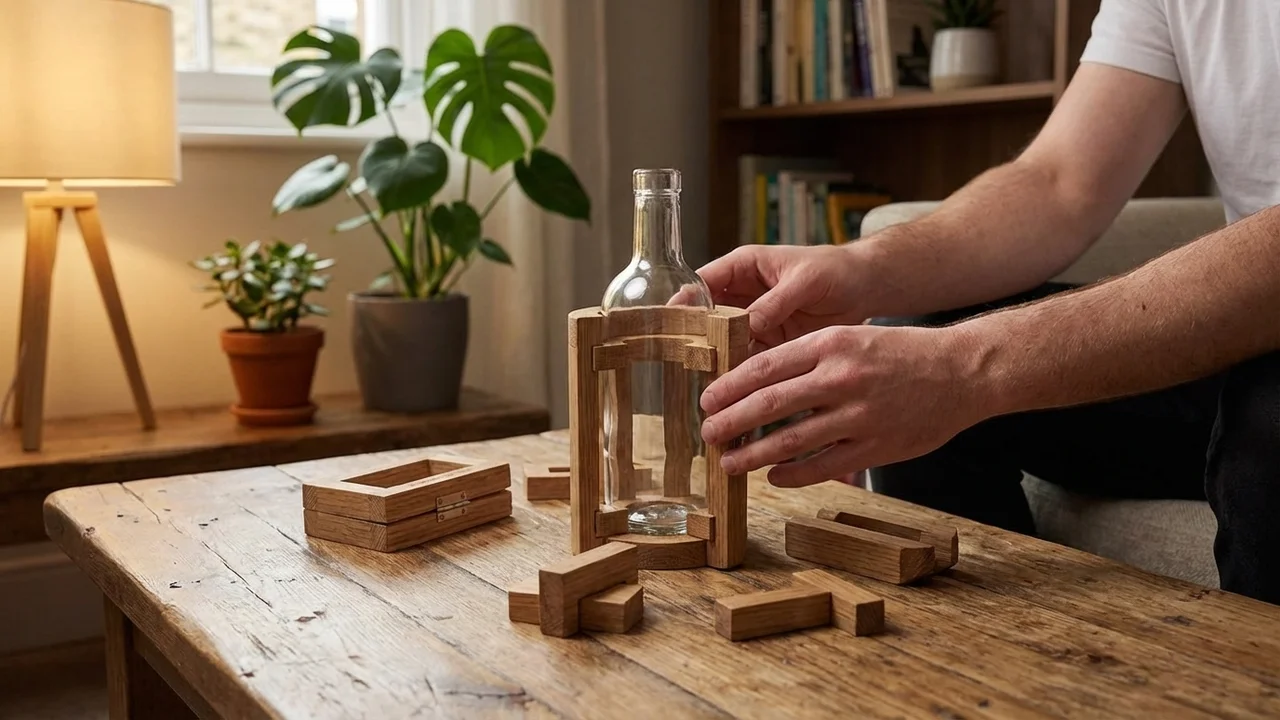Oak Bottle Puzzle — Medium Wooden Cage Gift for Him - 5