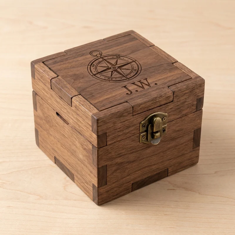 Walnut Puzzle Box — Medium Secret Compartment Gift for Him - 1