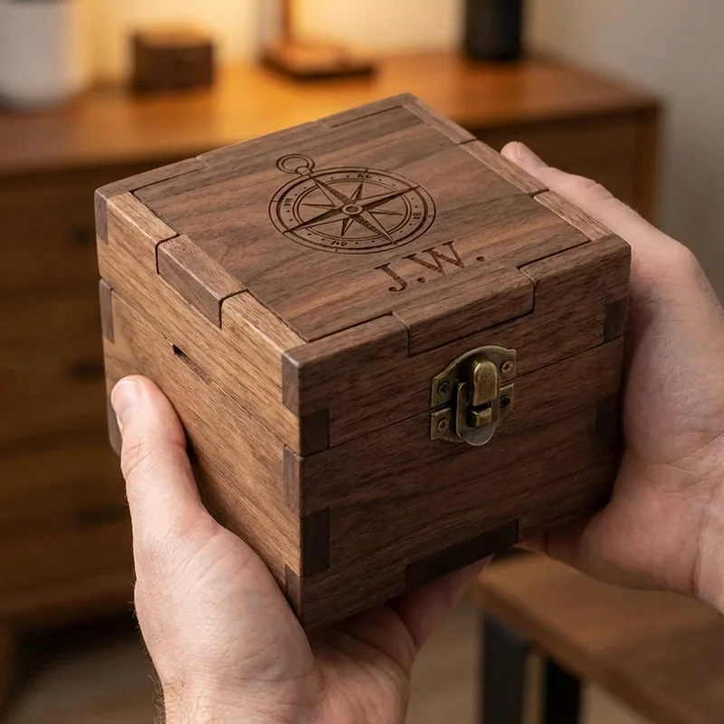 Walnut Puzzle Box — Medium Secret Compartment Gift for Him - 4