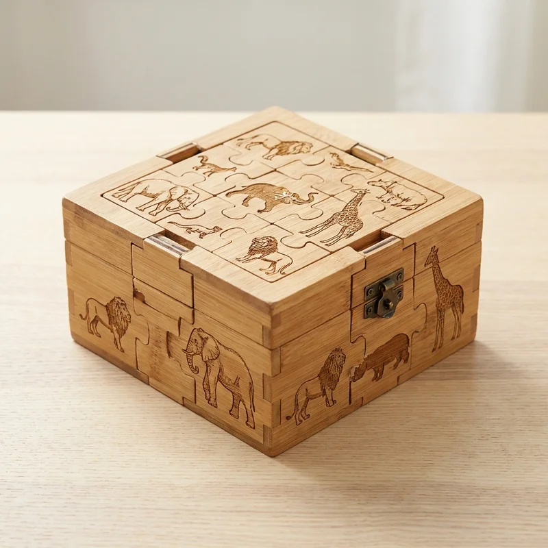 Animal Kingdom Bamboo Puzzle Box — Medium Wildlife Discovery - 1