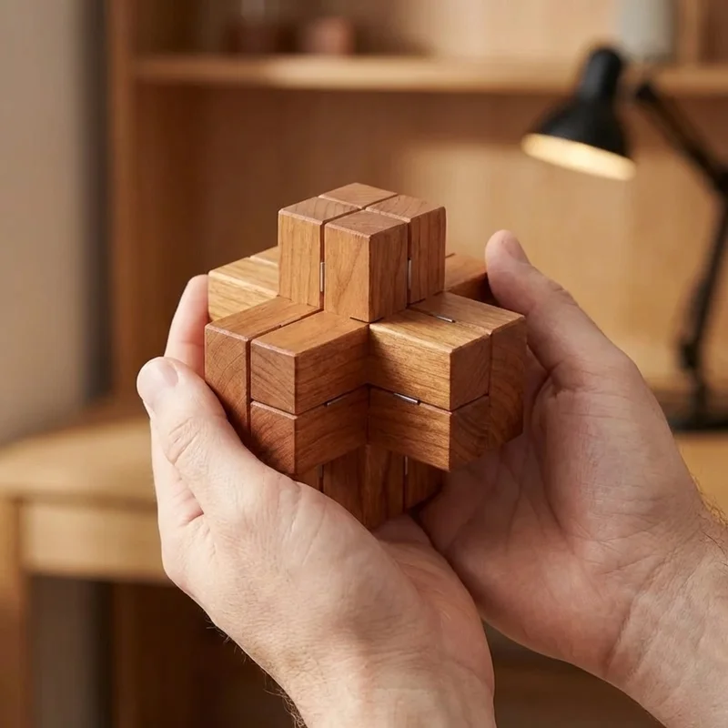Cherry Wood Cross Puzzle — Medium 6-Piece Burr Brain Teaser - 4