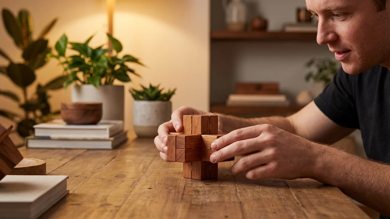 Cherry Wood Cross Puzzle — Medium 6-Piece Burr Brain Teaser - 5