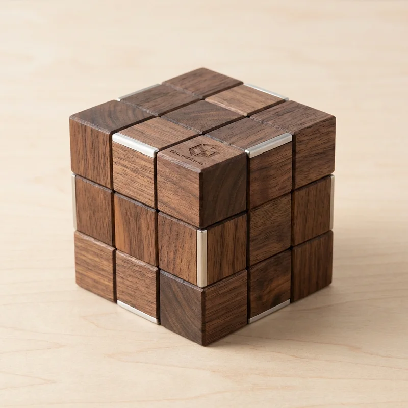 Walnut Wood Cube Puzzle — Hard 14-Piece Interlocking Brain Teaser - 1