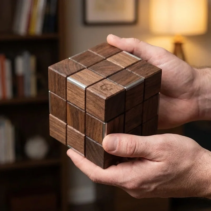 Walnut Wood Cube Puzzle — Hard 14-Piece Interlocking Brain Teaser - 4