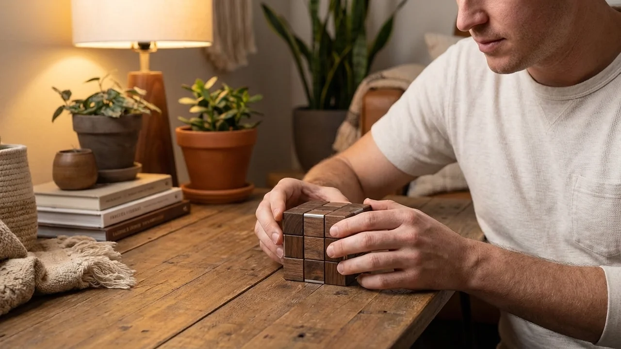 Walnut Wood Cube Puzzle — Hard 14-Piece Interlocking Brain Teaser - 5
