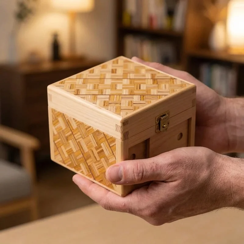 Hinoki Yosegi Puzzle Box — Medium 12-Step Secret Compartment - 4