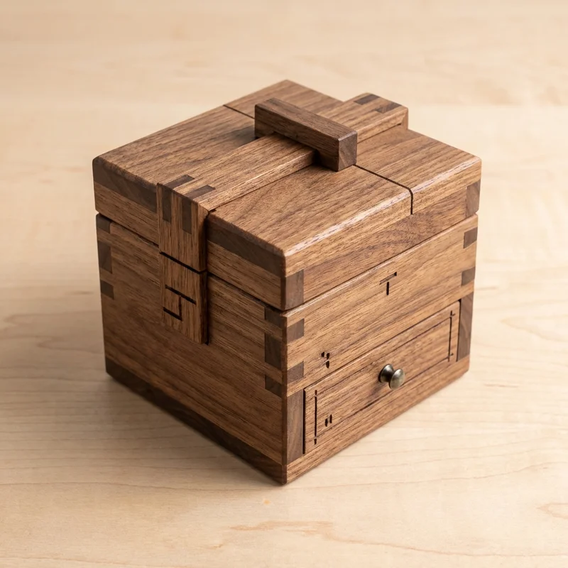 Walnut Japanese Puzzle Box — Hard 21-Step Hidden Drawer - 1