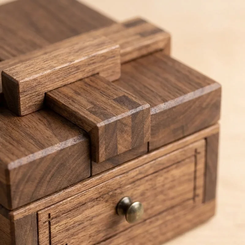 Walnut Japanese Puzzle Box — Hard 21-Step Hidden Drawer - 3