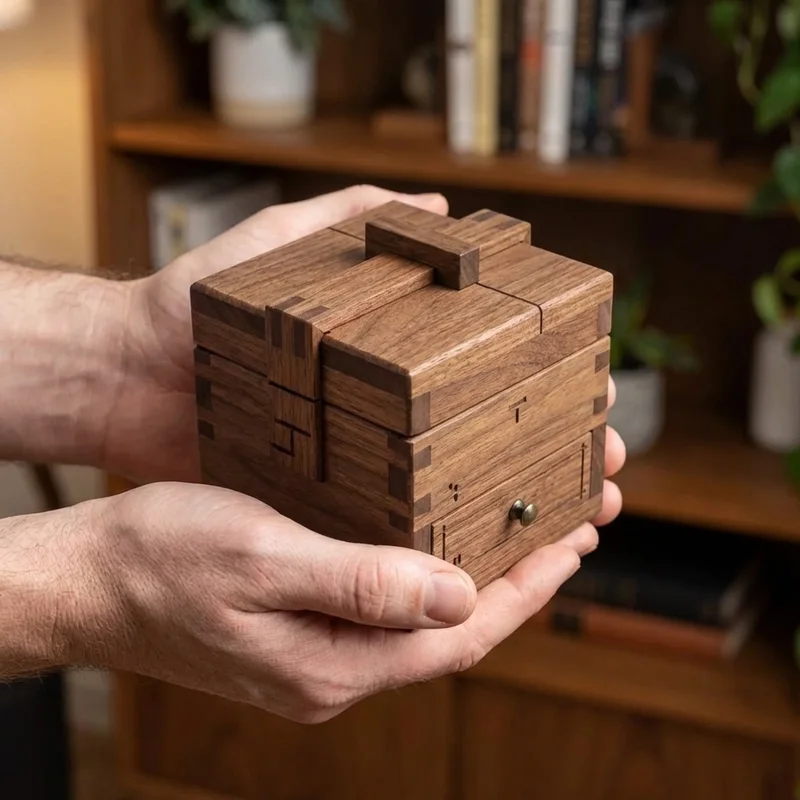 Walnut Japanese Puzzle Box — Hard 21-Step Hidden Drawer - 4