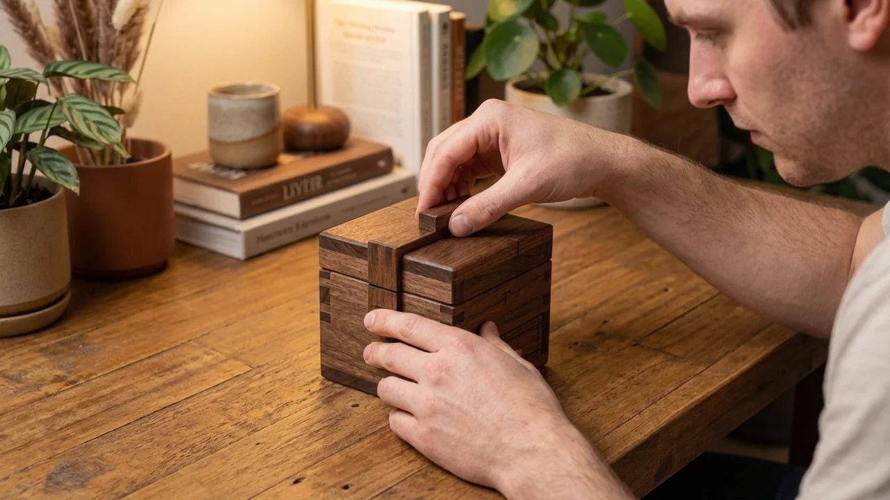 Walnut Japanese Puzzle Box — Hard 21-Step Hidden Drawer - 5