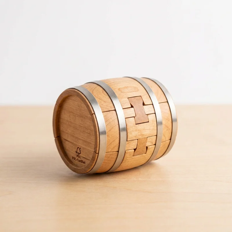 Mini Wooden Barrel Puzzle — Compact Interlocking Challenge - 1