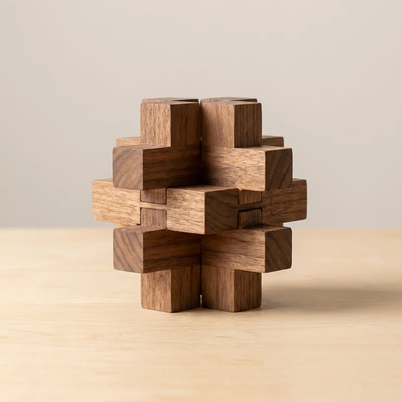 Wooden Burr Puzzle — Medium 6-Piece Notched Challenge - 1