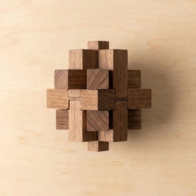 Wooden Burr Puzzle — Medium 6-Piece Notched Challenge - 2