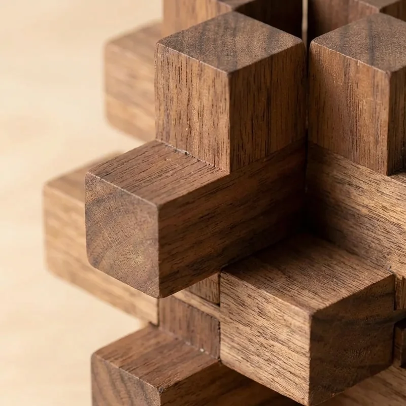 Wooden Burr Puzzle — Medium 6-Piece Notched Challenge - 3