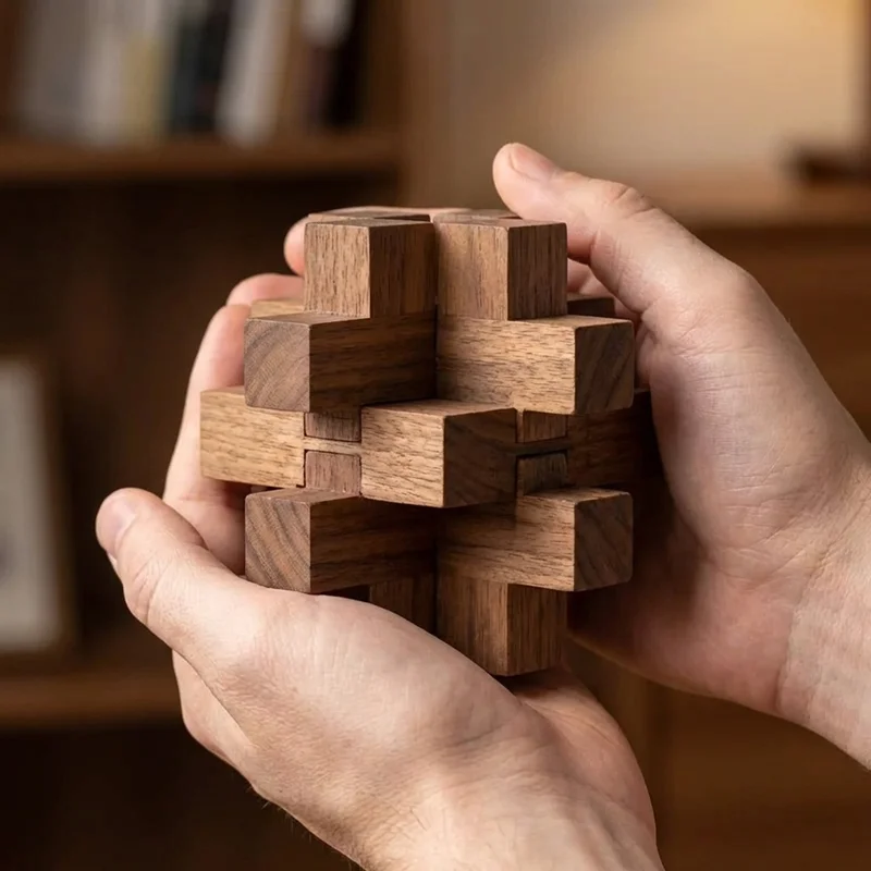 Wooden Burr Puzzle — Medium 6-Piece Notched Challenge - 4