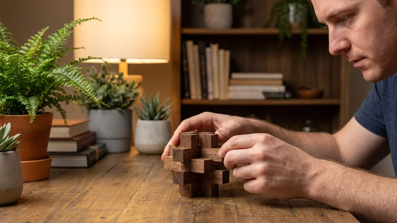 Wooden Burr Puzzle — Medium 6-Piece Notched Challenge - 5