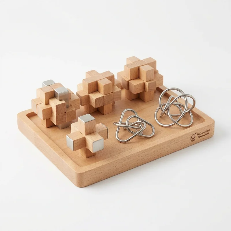 Wooden Puzzle Explorer Set — 6-Piece Mixed Difficulty Box - 1