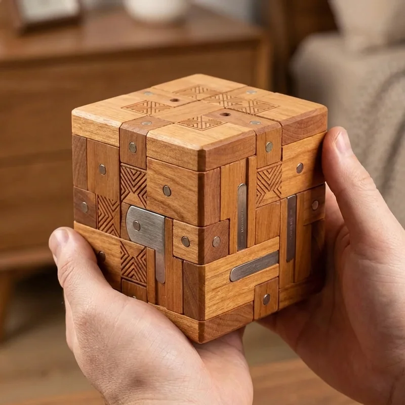 Wooden Triple-Lock Cube — Hard Multi-Mechanism Puzzle Box - 4