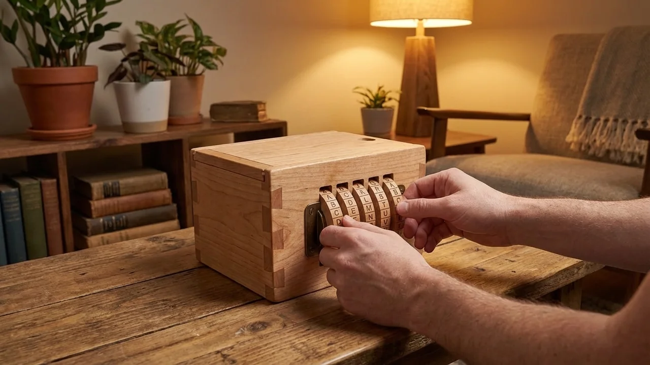 Wooden Secret Code Lockbox — Medium Letter-Dial Puzzle Safe - 5