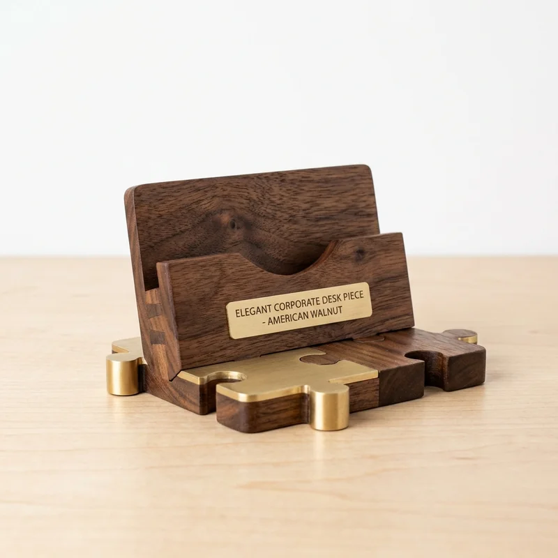 Walnut Puzzle Card Holder — Medium Elegant Corporate Desk Piece - 1