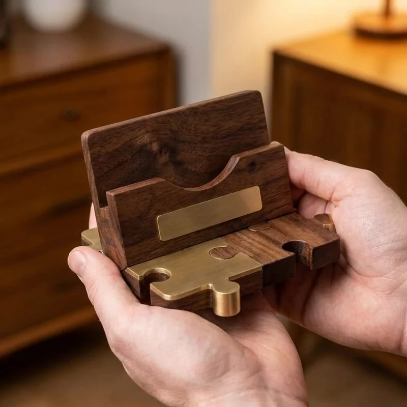 Walnut Puzzle Card Holder — Medium Elegant Corporate Desk Piece - 4