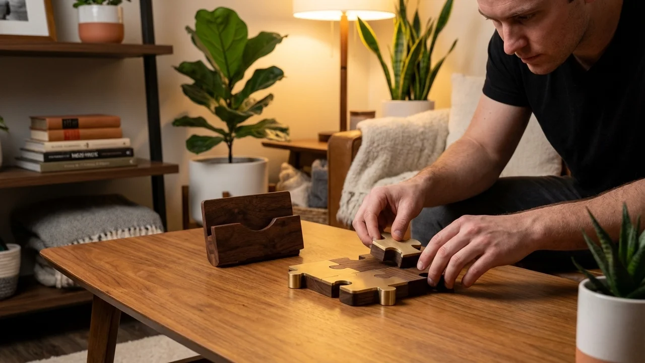 Walnut Puzzle Card Holder — Medium Elegant Corporate Desk Piece - 5