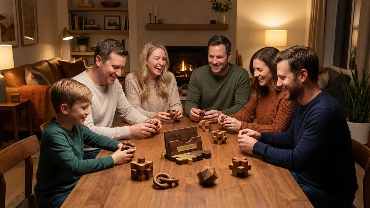 Walnut Puzzle Card Holder — Medium Elegant Corporate Desk Piece - 6